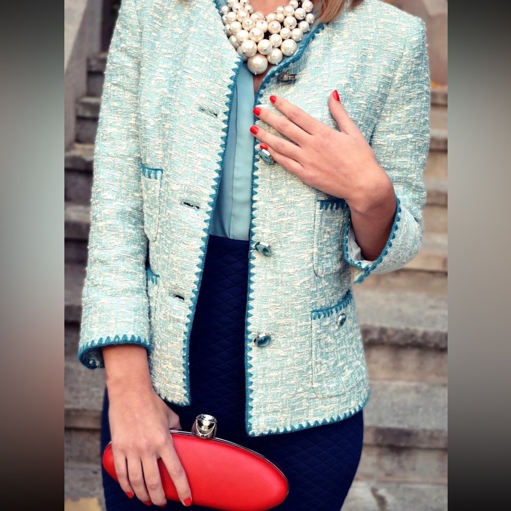 ZARA BLUE ECRU CONTRAST BLAZER TWEED WEAVE JACKET COAT SIZE S NEW - Picture 3 of 13
